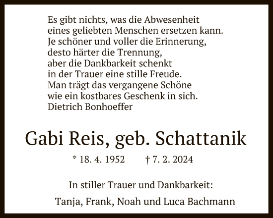 Anzeige von Gabi Reis von Reutlinger General-Anzeiger