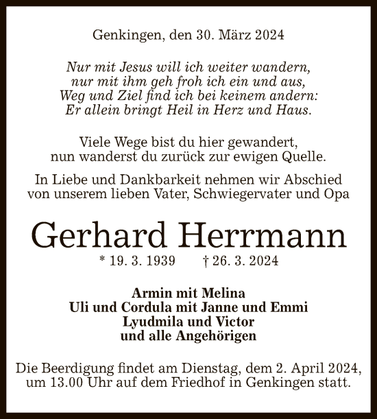 Anzeige von Gerhard Herrmann von Reutlinger General-Anzeiger