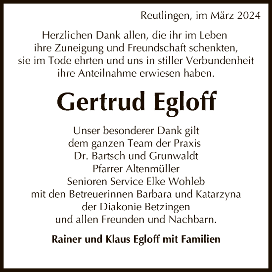 Anzeige von Gertrud Egloff von Reutlinger General-Anzeiger