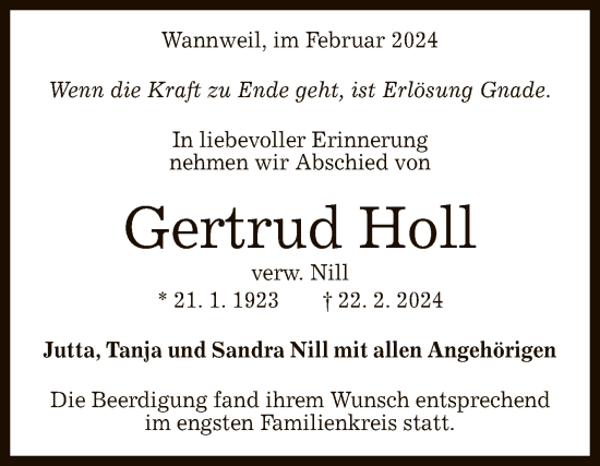 Anzeige von Gertrud Holl von Reutlinger General-Anzeiger