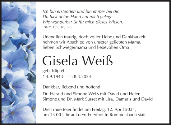 Anzeige von Gisela Weiß von Reutlinger General-Anzeiger