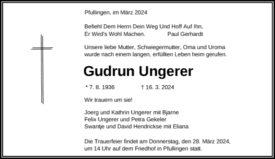 Anzeige von Gudrun Ungerer von Reutlinger General-Anzeiger