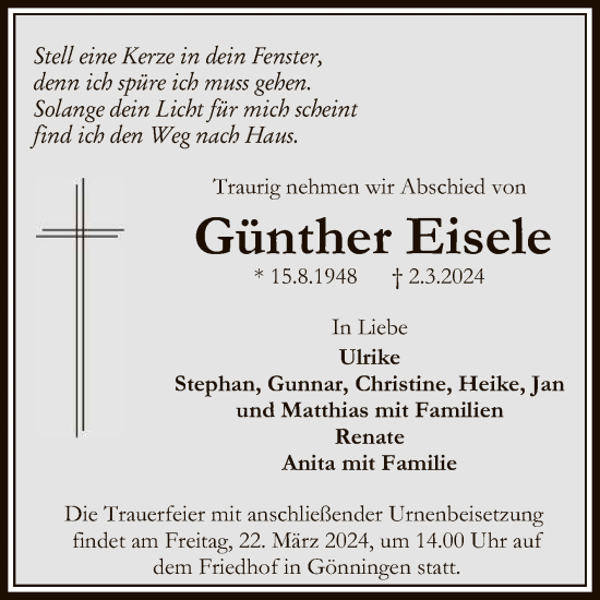 Anzeige von Günther Eisele von Reutlinger General-Anzeiger