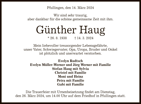 Anzeige von Günther Haug von Reutlinger General-Anzeiger