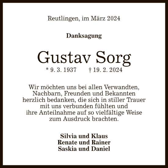 Anzeige von Gustav Sorg von Reutlinger General-Anzeiger