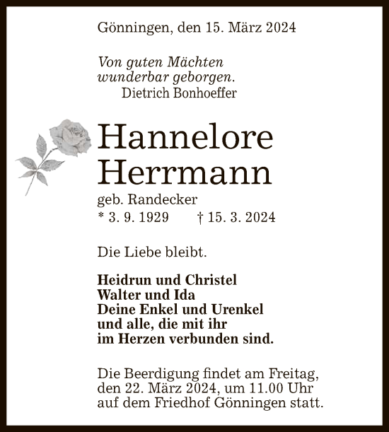 Anzeige von Hannelore Herrmann von Reutlinger General-Anzeiger