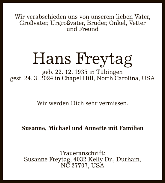 Anzeige von Hans Freytag von Reutlinger General-Anzeiger