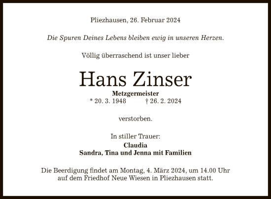 Anzeige von Hans Zinser von Reutlinger General-Anzeiger