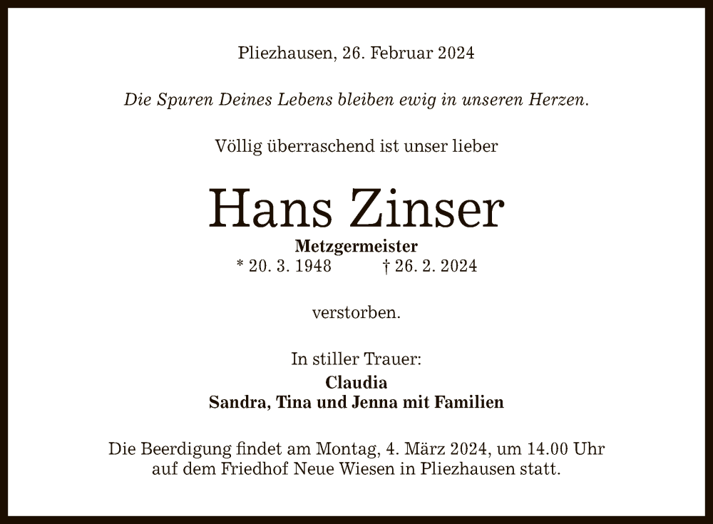  Traueranzeige für Hans Zinser vom 01.03.2024 aus Reutlinger General-Anzeiger