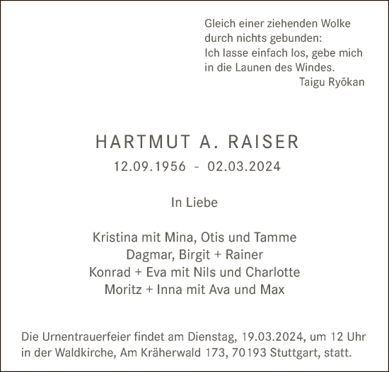 Anzeige von Hartmut A. Raiser von Reutlinger General-Anzeiger