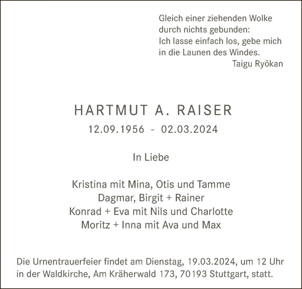  Traueranzeige für Hartmut A. Raiser vom 12.03.2024 aus Reutlinger General-Anzeiger