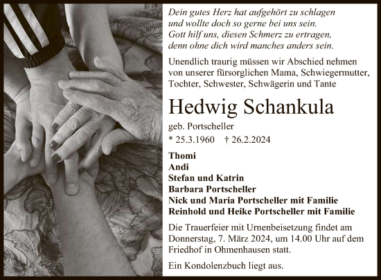 Anzeige von Hedwig Schankula von Reutlinger General-Anzeiger