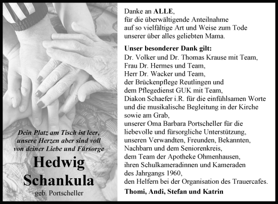 Anzeige von Hedwig Schankula von Reutlinger General-Anzeiger