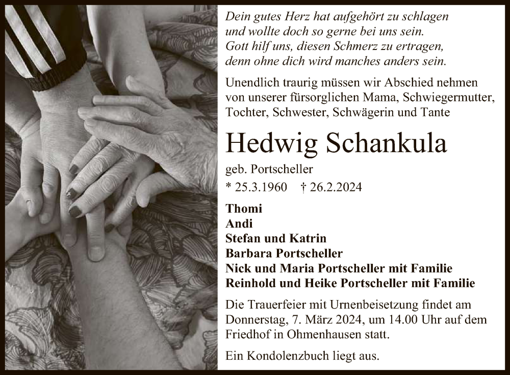  Traueranzeige für Hedwig Schankula vom 02.03.2024 aus Reutlinger General-Anzeiger