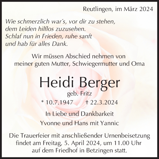 Anzeige von Heidi Berger von Reutlinger General-Anzeiger