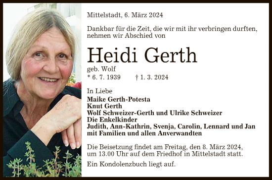 Anzeige von Heidi Gerth von Reutlinger General-Anzeiger