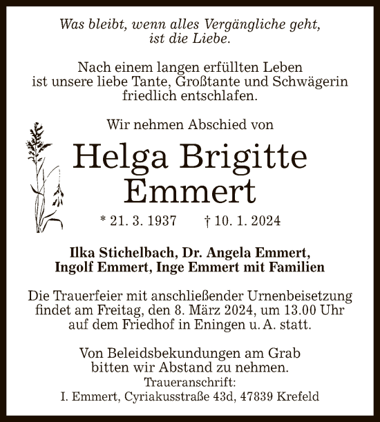 Anzeige von Helga Brigitte Emmert von Reutlinger General-Anzeiger