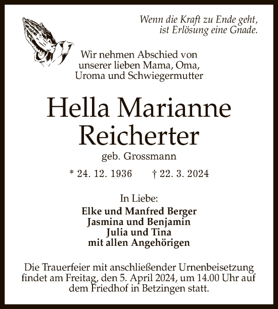 Anzeige von Hella Marianne Reicherter von Reutlinger General-Anzeiger