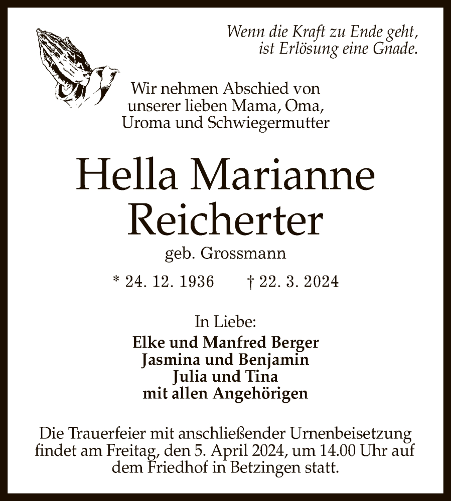  Traueranzeige für Hella Marianne Reicherter vom 30.03.2024 aus Reutlinger General-Anzeiger
