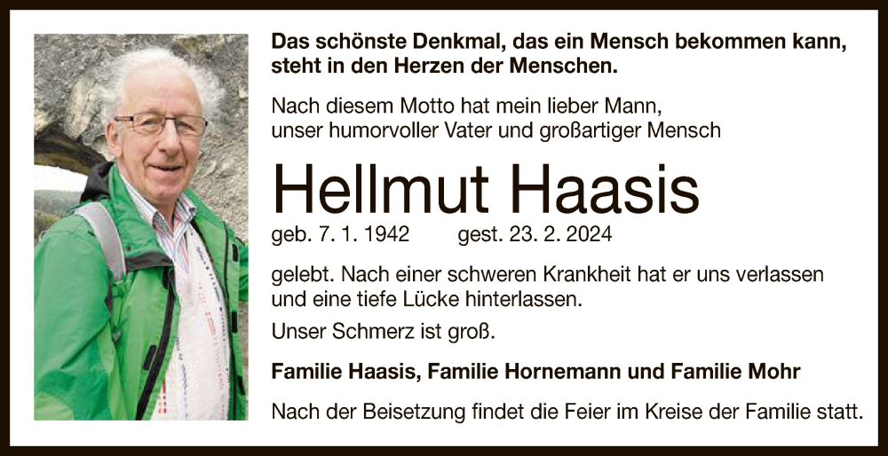  Traueranzeige für Hellmut Haasis vom 01.03.2024 aus Reutlinger General-Anzeiger