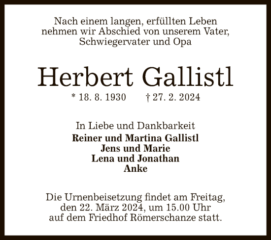 Anzeige von Herbert Gallistl von Reutlinger General-Anzeiger