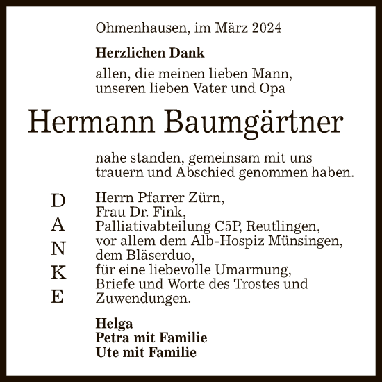 Anzeige von Hermann Baumgärtner von Reutlinger General-Anzeiger