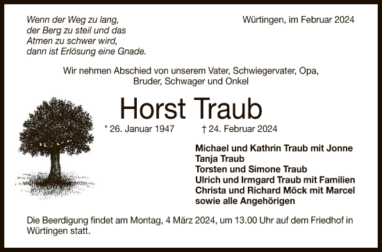 Anzeige von Horst Traub von Reutlinger General-Anzeiger