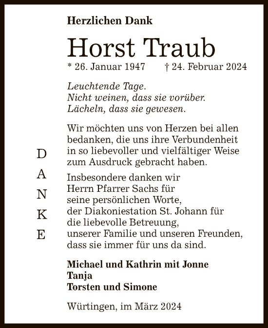 Anzeige von Horst Traub von Reutlinger General-Anzeiger