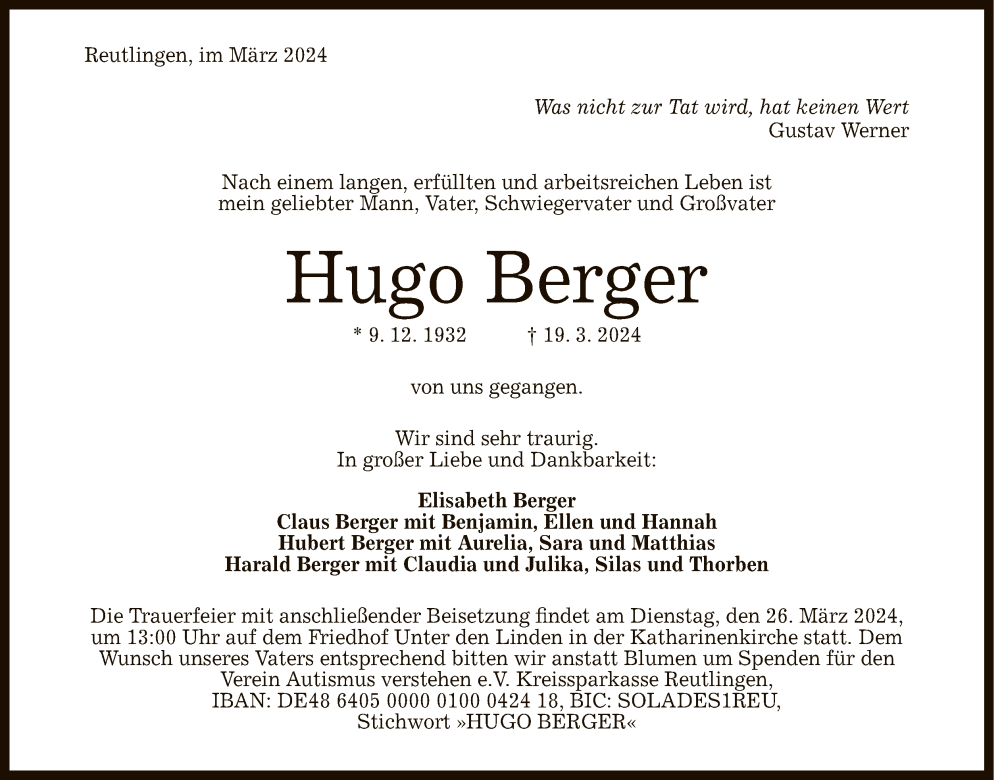  Traueranzeige für Hugo Berger vom 23.03.2024 aus Reutlinger General-Anzeiger
