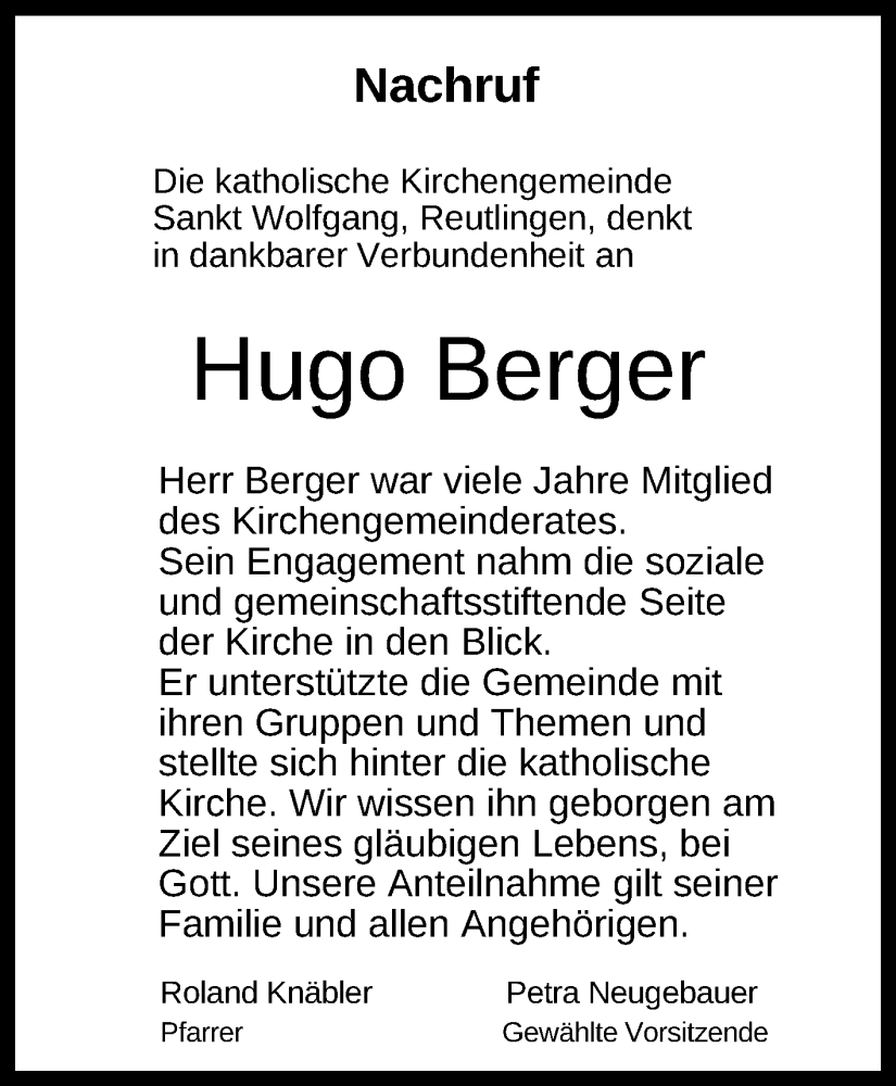  Traueranzeige für Hugo Berger vom 23.03.2024 aus Reutlinger General-Anzeiger