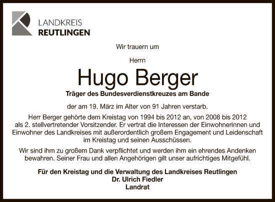 Anzeige von Hugo Berger von Reutlinger General-Anzeiger