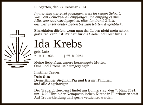 Anzeige von Ida Krebs von Reutlinger General-Anzeiger