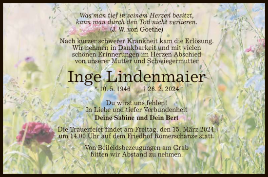 Anzeige von Inge Lindenmaier von Reutlinger General-Anzeiger