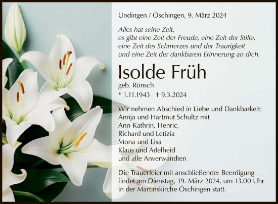 Anzeige von Isolde Früh von Reutlinger General-Anzeiger