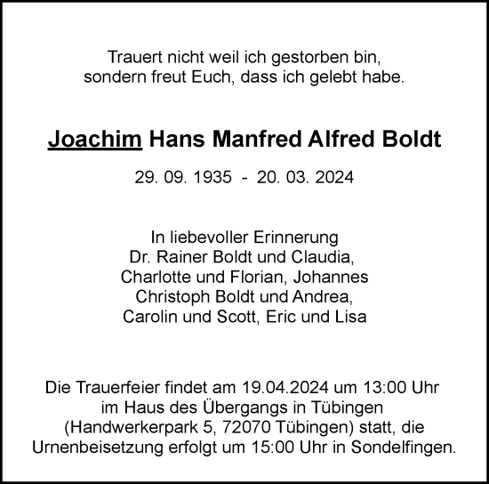 Anzeige von Joachim Hans Manfred Alfred Boldt von Reutlinger General-Anzeiger