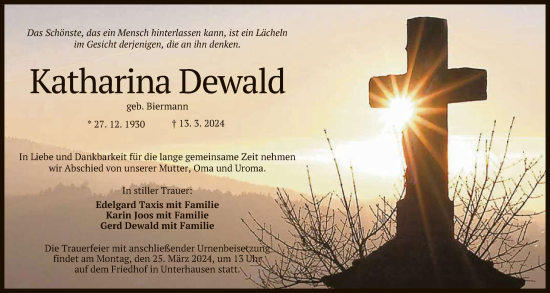 Anzeige von Katharina Dewald von Reutlinger General-Anzeiger
