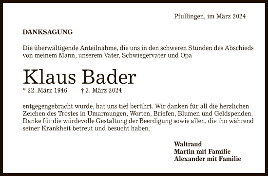 Anzeige von Klaus Bader von Reutlinger General-Anzeiger