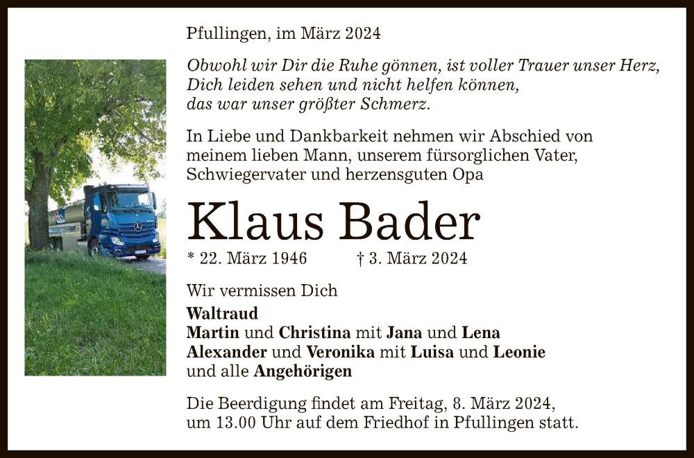  Traueranzeige für Klaus Bader vom 06.03.2024 aus Reutlinger General-Anzeiger