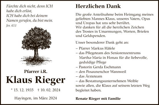 Anzeige von Klaus Rieger von Reutlinger General-Anzeiger