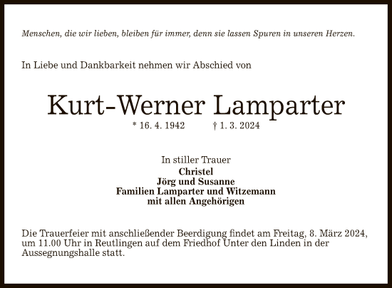Anzeige von Kurt-Werner Lamparter von Reutlinger General-Anzeiger