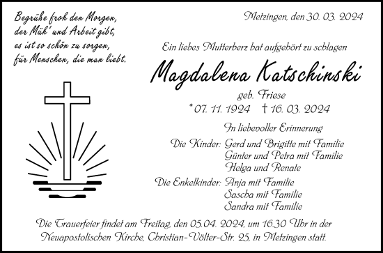 Anzeige von Magdalena Katschinski von Reutlinger General-Anzeiger