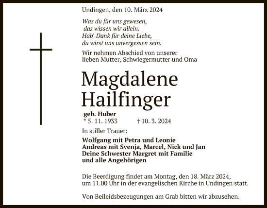 Anzeige von Magdalene Hailfinger von Reutlinger General-Anzeiger