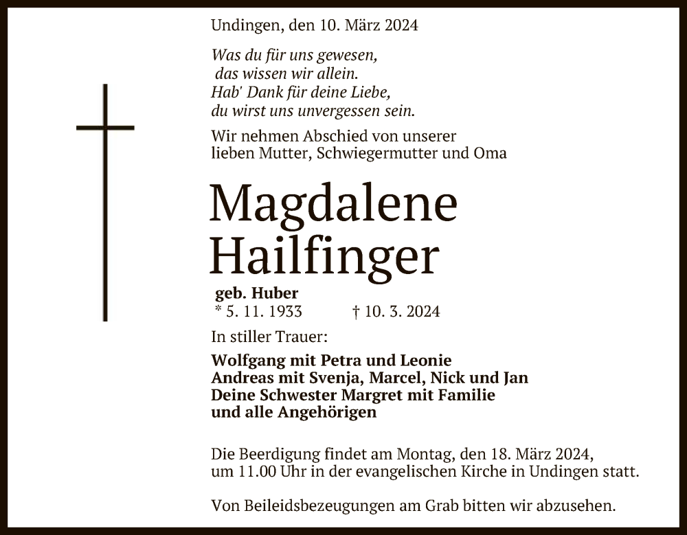  Traueranzeige für Magdalene Hailfinger vom 15.03.2024 aus Reutlinger General-Anzeiger
