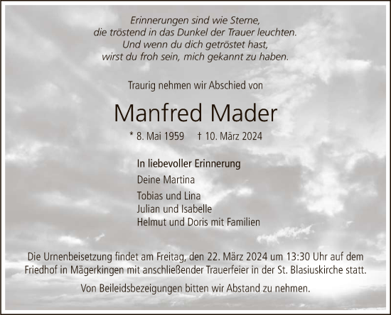 Anzeige von Manfred Mader von Reutlinger General-Anzeiger