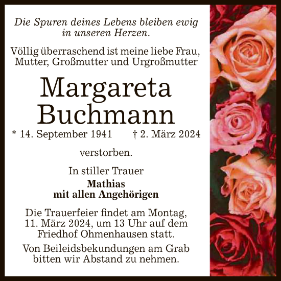 Anzeige von Margareta Buchmann von Reutlinger General-Anzeiger