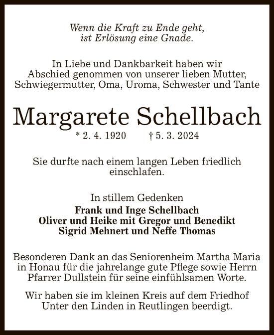 Anzeige von Margarete Schellbach von Reutlinger General-Anzeiger