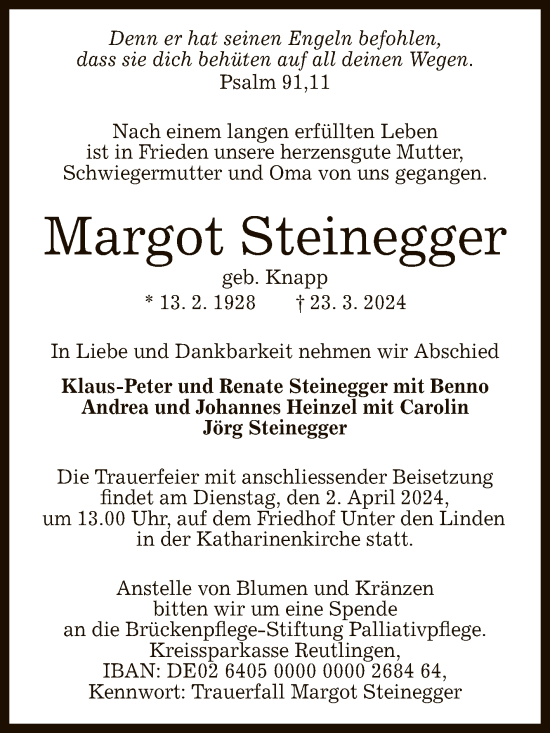 Anzeige von Margot Steinegger von Reutlinger General-Anzeiger