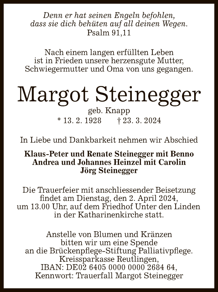  Traueranzeige für Margot Steinegger vom 27.03.2024 aus Reutlinger General-Anzeiger