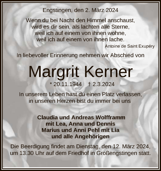 Anzeige von Margrit Kerner von Reutlinger General-Anzeiger