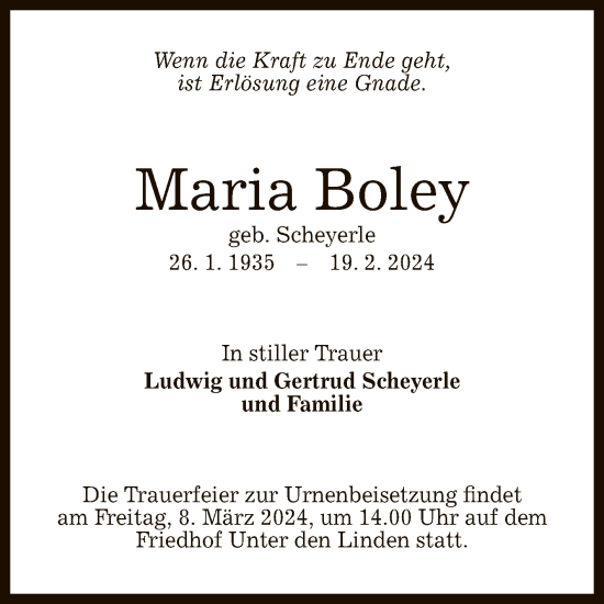 Anzeige von Maria Boley von Reutlinger General-Anzeiger